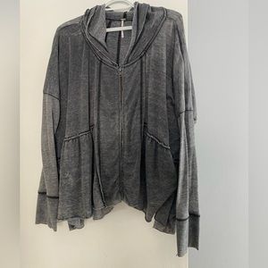 Free People Full Zip Hooded Grey Sweatshirt w Ruffle Bottom